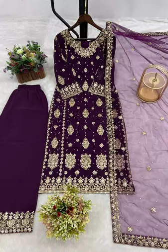 purple color  beautiful embroidery sequence work faux georgette kurti palazzo set