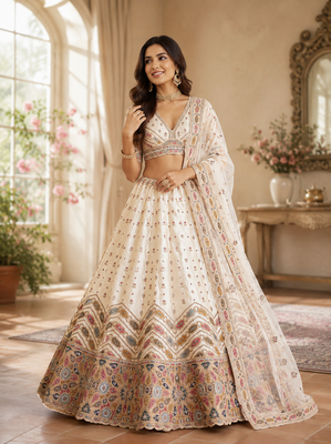 white color Gotta Pati Dori and Zari Embroidered Multi Thread and Sequins work silk blend Lehenga Choli set 1