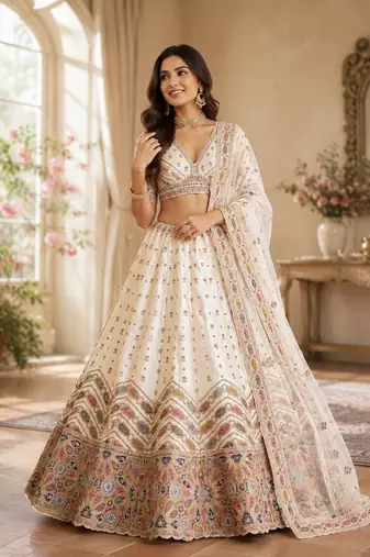 white color Gotta Pati Dori and Zari Embroidered Multi Thread and Sequins work silk blend Lehenga Choli set