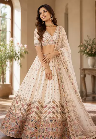 white color Gotta Pati Dori and Zari Embroidered Multi Thread and Sequins work silk blend Lehenga Choli set
