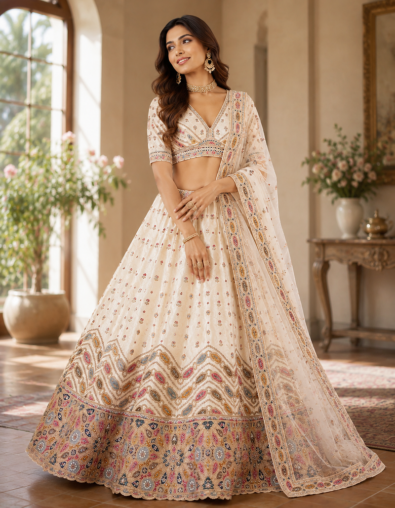 white color Gotta Pati Dori and Zari Embroidered Multi Thread and Sequins work silk blend Lehenga Choli set