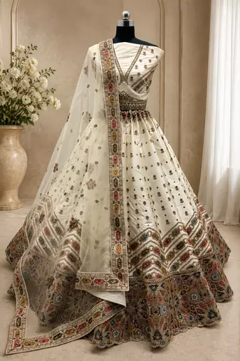 white color Gotta Pati Dori and Zari Embroidered Multi Thread and Sequins work silk blend Lehenga Choli set