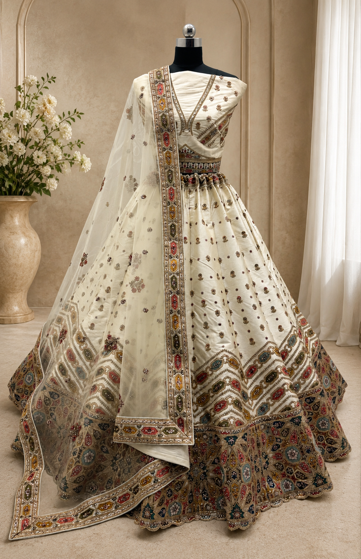 white color Gotta Pati Dori and Zari Embroidered Multi Thread and Sequins work silk blend Lehenga Choli set