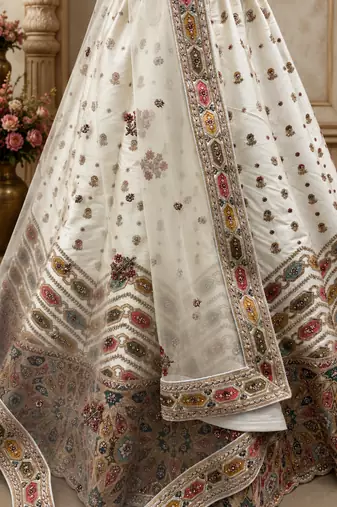 white color Gotta Pati Dori and Zari Embroidered Multi Thread and Sequins work silk blend Lehenga Choli set