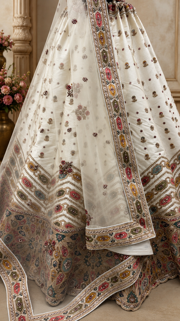 white color Gotta Pati Dori and Zari Embroidered Multi Thread and Sequins work silk blend Lehenga Choli set