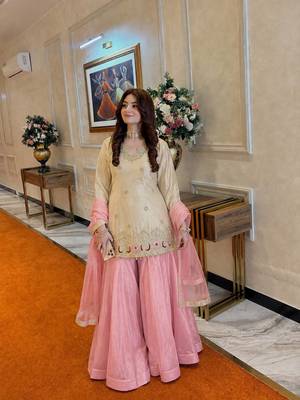 off white color beautiful embroidery sequence work with rady-made  lace borders silk blend kurti palazzo set 1