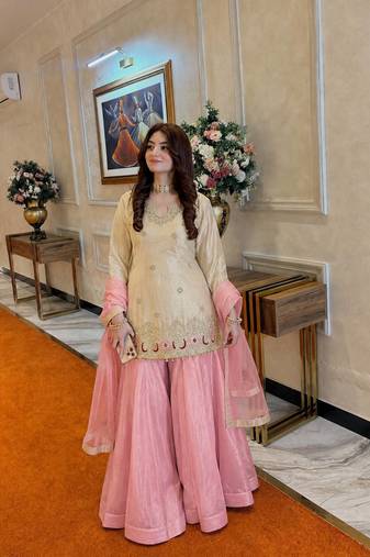 off white color beautiful embroidery sequence work with rady-made  lace borders silk blend kurti palazzo set