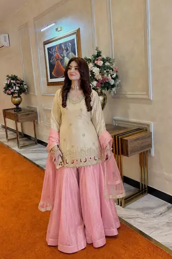 off white color beautiful embroidery sequence work with rady-made  lace borders silk blend kurti palazzo set