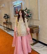 off white color beautiful embroidery sequence work with rady-made  lace borders silk blend kurti palazzo set