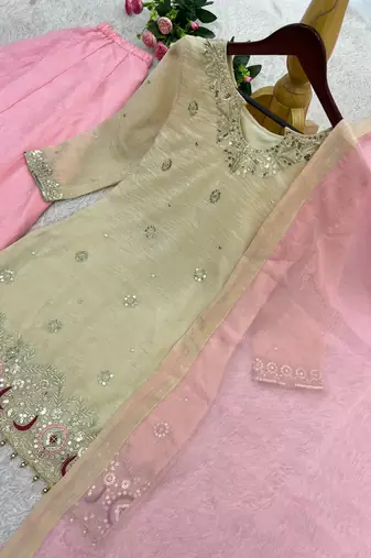 off white color beautiful embroidery sequence work with rady-made  lace borders silk blend kurti palazzo set