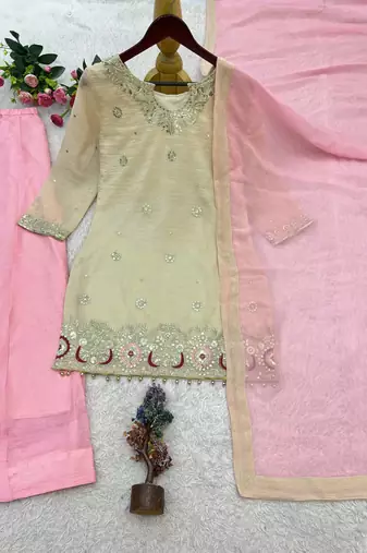 off white color beautiful embroidery sequence work with rady-made  lace borders silk blend kurti palazzo set