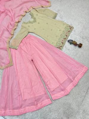 off white color beautiful embroidery sequence work with rady-made  lace borders silk blend kurti palazzo set 5