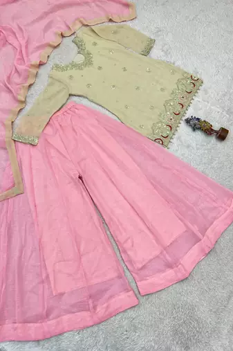 off white color beautiful embroidery sequence work with rady-made  lace borders silk blend kurti palazzo set