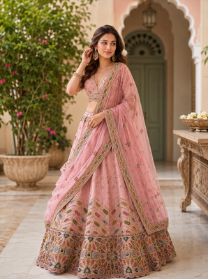 pink color Gotta Pati Dori and Zari Embroidered Multi Thread and Sequins work silk blend Lehenga Choli set 1