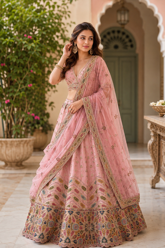 pink color Gotta Pati Dori and Zari Embroidered Multi Thread and Sequins work silk blend Lehenga Choli set