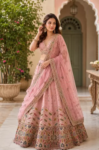 pink color Gotta Pati Dori and Zari Embroidered Multi Thread and Sequins work silk blend Lehenga Choli set