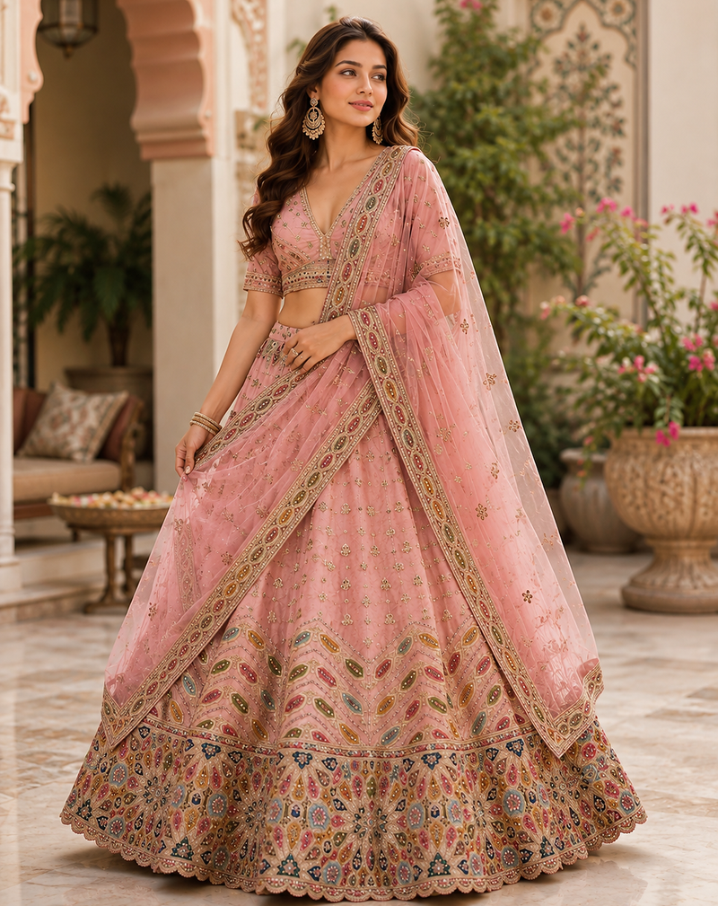 pink color Gotta Pati Dori and Zari Embroidered Multi Thread and Sequins work silk blend Lehenga Choli set