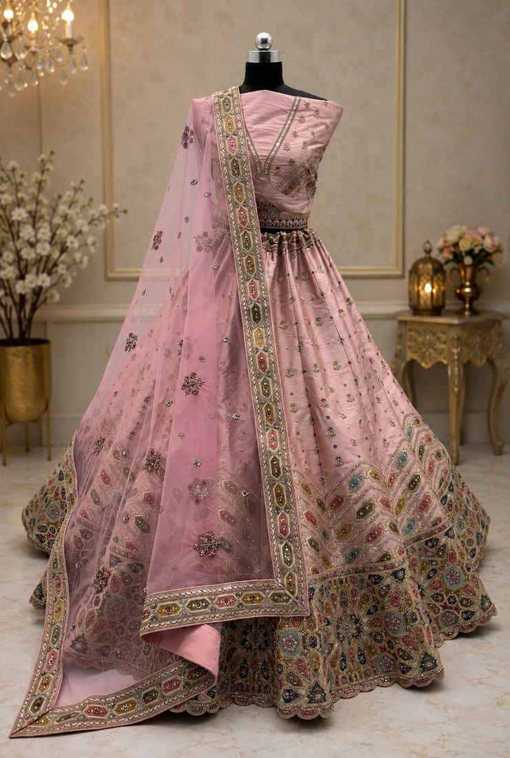 pink color Gotta Pati Dori and Zari Embroidered Multi Thread and Sequins work silk blend Lehenga Choli set