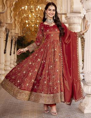 Rust heavy embroidered anarkali suit with pant & dupatta 1