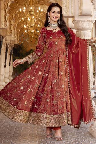 Rust heavy embroidered anarkali suit with pant & dupatta