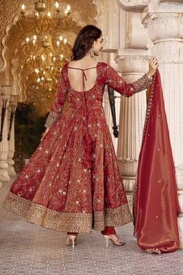 Rust heavy embroidered anarkali suit with pant & dupatta 3