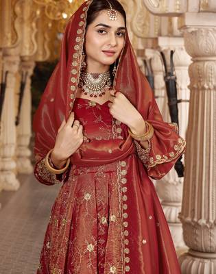 Rust heavy embroidered anarkali suit with pant & dupatta 4
