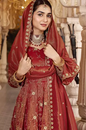 Rust heavy embroidered anarkali suit with pant & dupatta