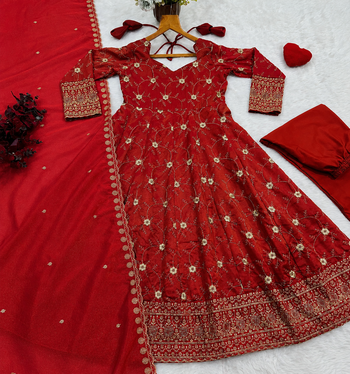 Rust heavy embroidered anarkali suit with pant & dupatta 5