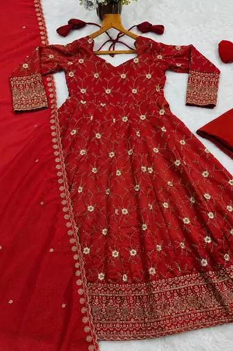 Rust heavy embroidered anarkali suit with pant & dupatta
