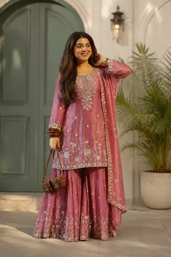 mauve color beautiful embroidery sequins work  silk blend kurti palazzo set