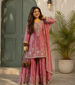 mauve color beautiful embroidery sequins work  silk blend kurti palazzo set