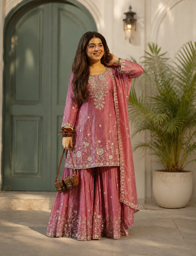 mauve color beautiful embroidery sequins work  silk blend kurti palazzo set
