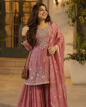 mauve color beautiful embroidery sequins work  silk blend kurti palazzo set