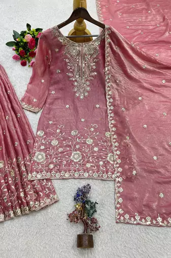 mauve color beautiful embroidery sequins work  silk blend kurti palazzo set