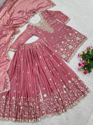 mauve color beautiful embroidery sequins work  silk blend kurti palazzo set 5