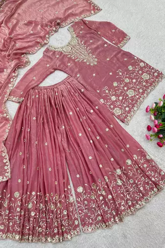mauve color beautiful embroidery sequins work  silk blend kurti palazzo set