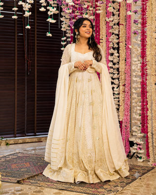 OFF-white embroidered anarkali suit with pant & dupatta 1