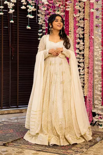 OFF-white embroidered anarkali suit with pant & dupatta