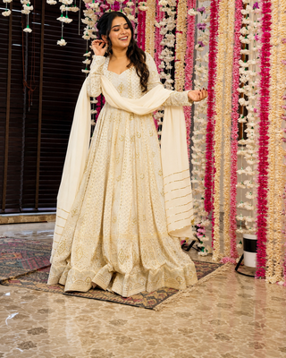 OFF-white embroidered anarkali suit with pant & dupatta 2