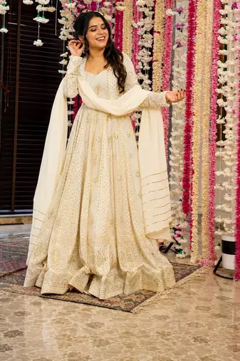 OFF-white embroidered anarkali suit with pant & dupatta