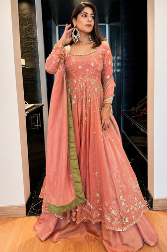 Pink star georgette embroidered lehenga set