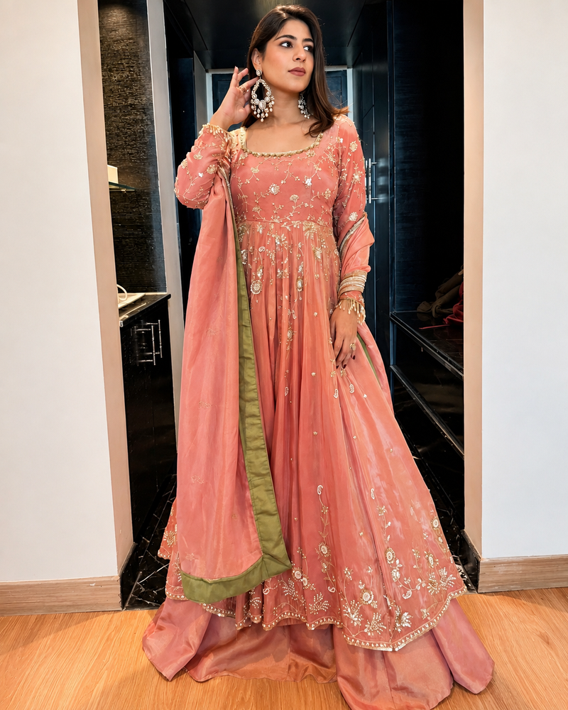 Pink star georgette embroidered lehenga set