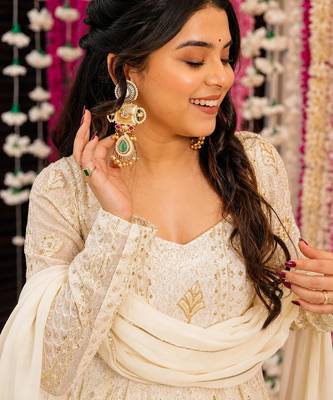 OFF-white embroidered anarkali suit with pant & dupatta 4