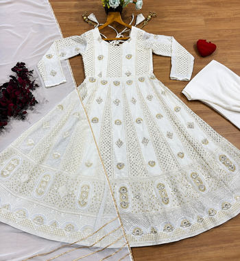 OFF-white embroidered anarkali suit with pant & dupatta 5