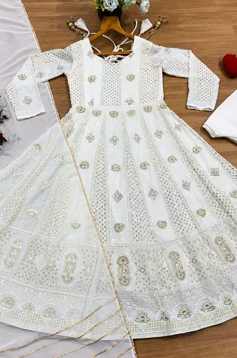 OFF-white embroidered anarkali suit with pant & dupatta