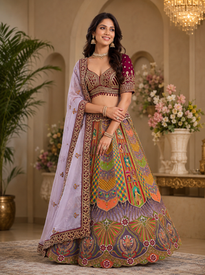 multicolor color Dori and Embroidery Sequince and Diamond work silk blend Lehenga Choli setHandwork  1