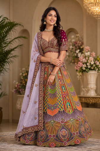 multicolor color Dori and Embroidery Sequince and Diamond work silk blend Lehenga Choli setHandwork 