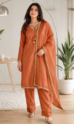 Rust glass satin mirror work kurta with pant and dupatta 1
