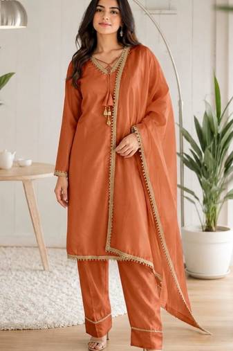 Rust glass satin mirror work kurta with pant and dupatta
