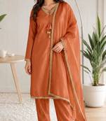 Rust glass satin mirror work kurta with pant and dupatta